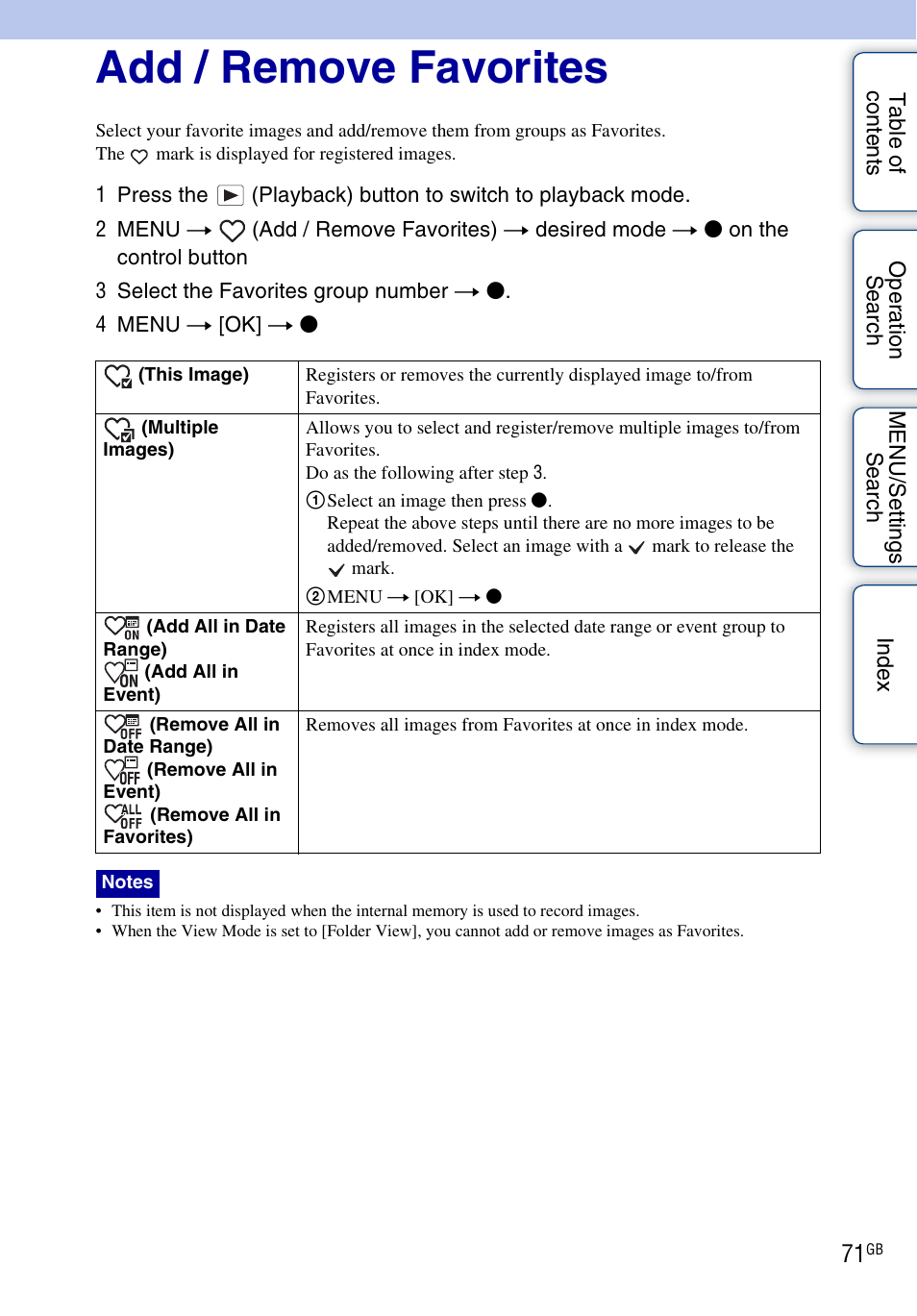 Add / remove favorites, Add / remove, Favorites | Sony DSC-H20 User Manual | Page 71 / 149