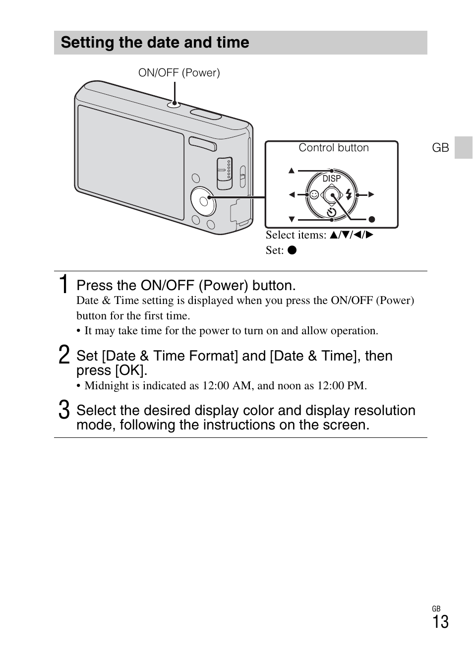 Setting the date and time | Sony DSC-W530 User Manual | Page 13 / 48