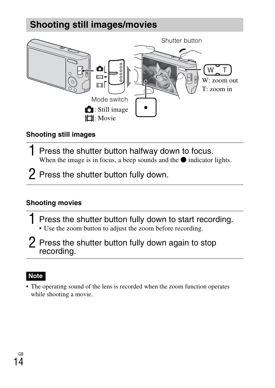 Shooting still images/movies | Sony DSC-W530 User Manual | Page 14 / 48