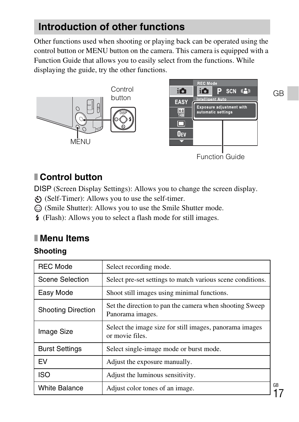 Introduction of other functions, Xcontrol button, Xmenu items | Sony DSC-W530 User Manual | Page 17 / 48