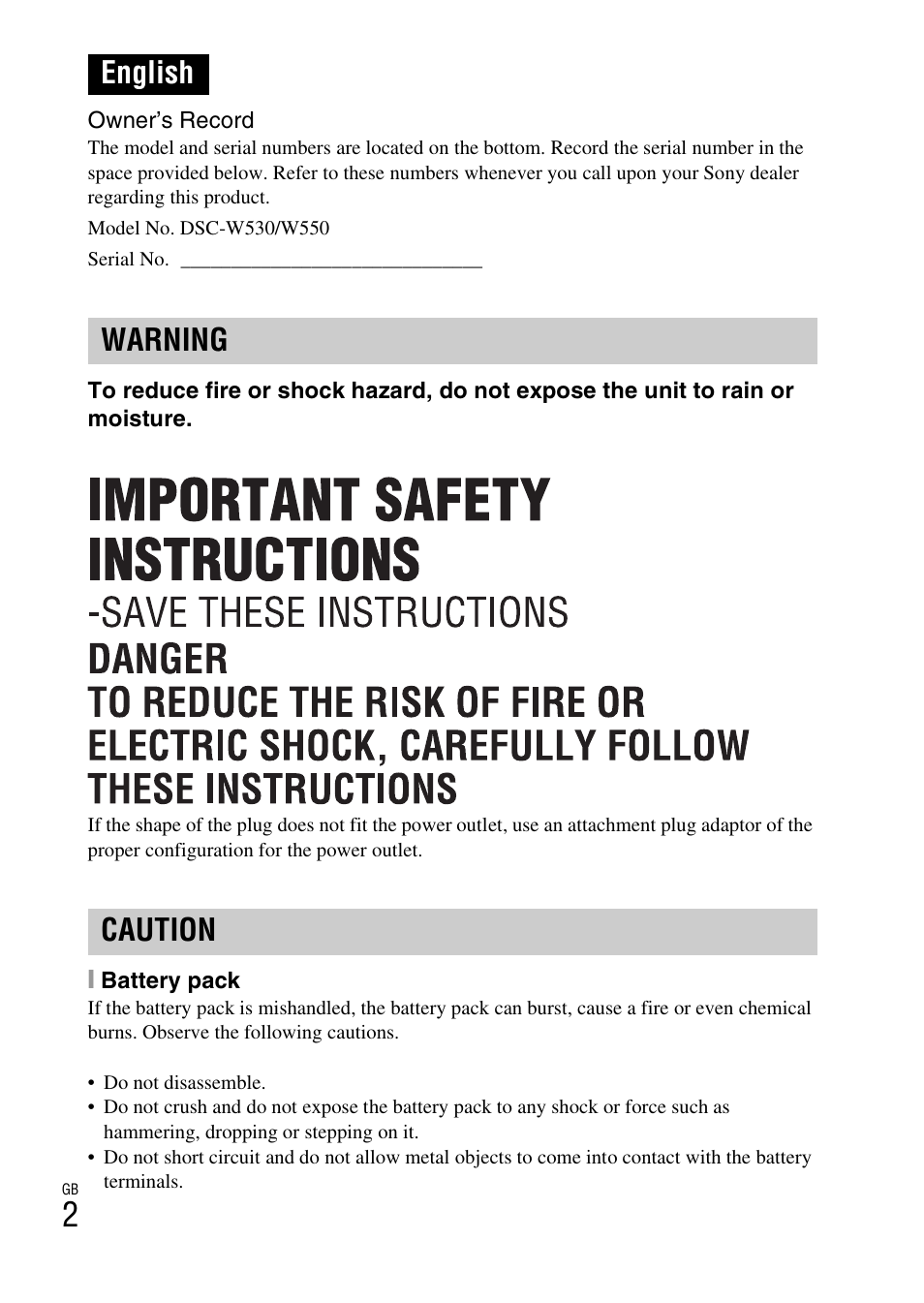 English, English warning caution | Sony DSC-W530 User Manual | Page 2 / 48