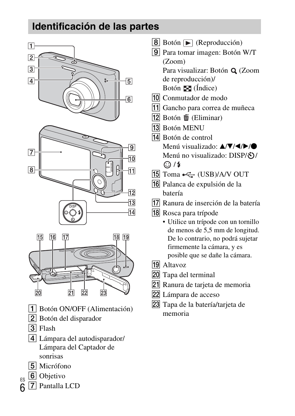 Identificación de las partes | Sony DSC-W530 User Manual | Page 28 / 48