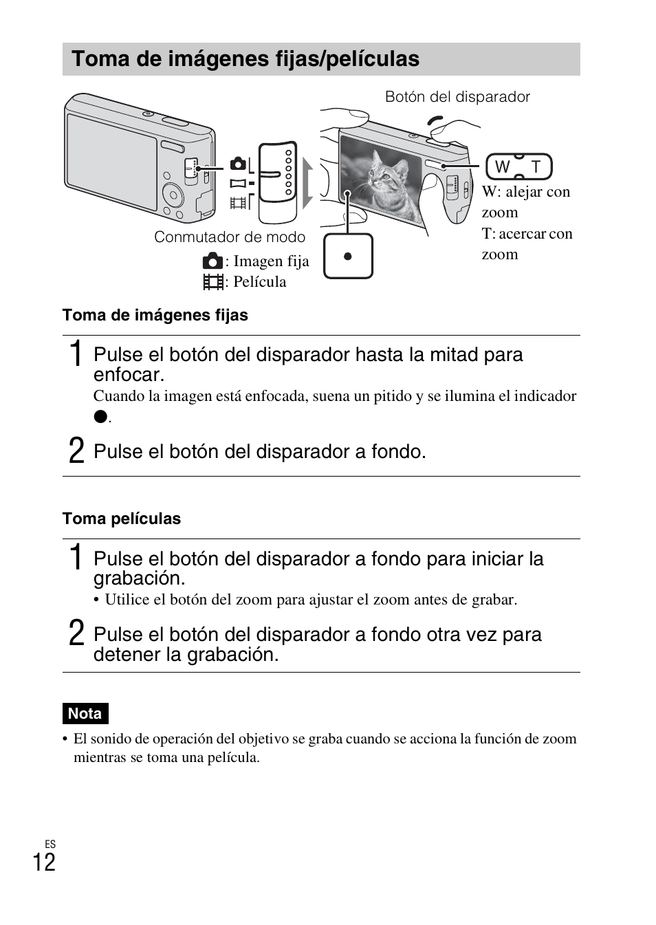 Toma de imágenes fijas/películas | Sony DSC-W530 User Manual | Page 34 / 48