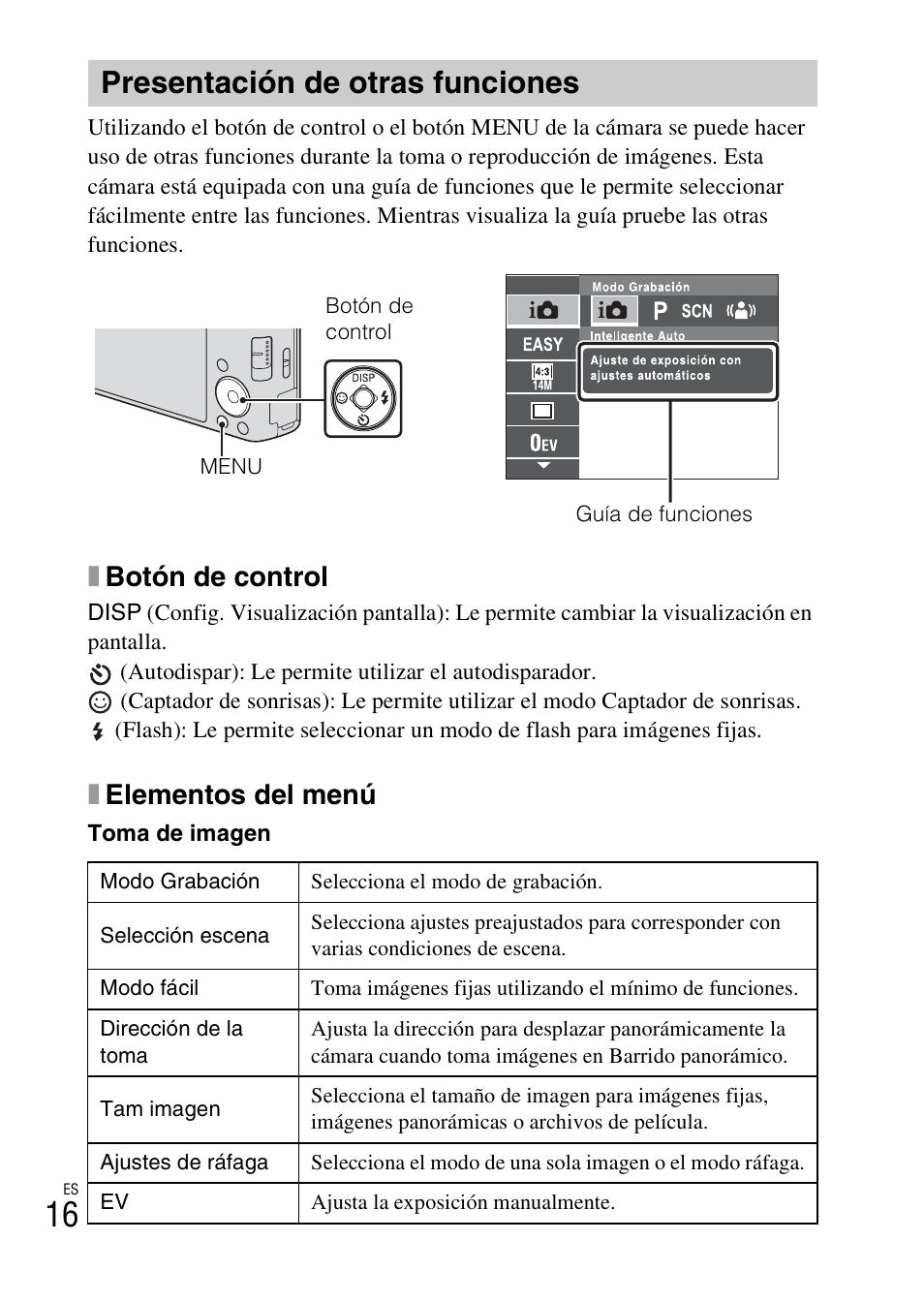 Presentación de otras funciones, Xbotón de control, Xelementos del menú | Sony DSC-W530 User Manual | Page 38 / 48