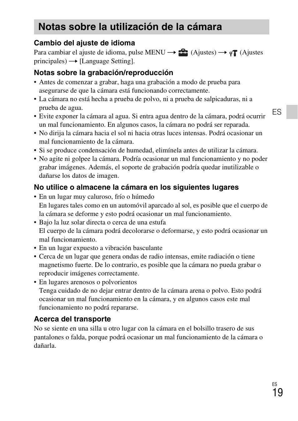 Notas sobre la utilización de la cámara | Sony DSC-W530 User Manual | Page 41 / 48