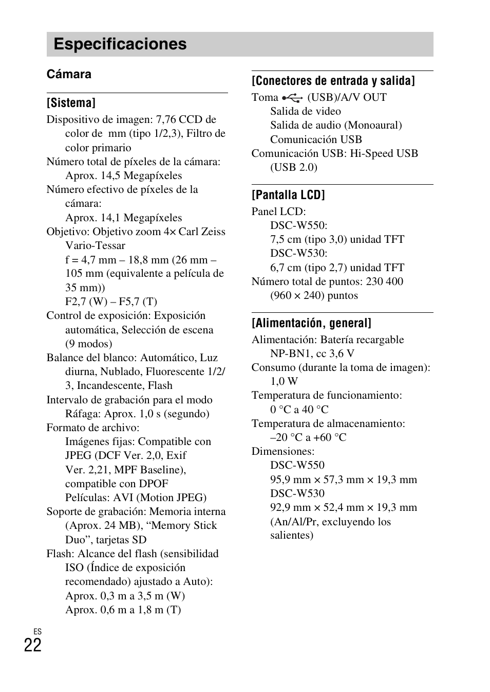 Especificaciones | Sony DSC-W530 User Manual | Page 44 / 48