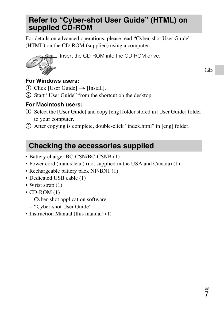 Checking the accessories supplied | Sony DSC-W530 User Manual | Page 7 / 48