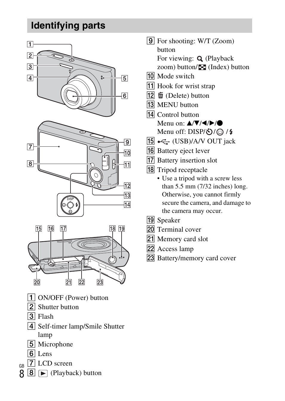 Identifying parts | Sony DSC-W530 User Manual | Page 8 / 48