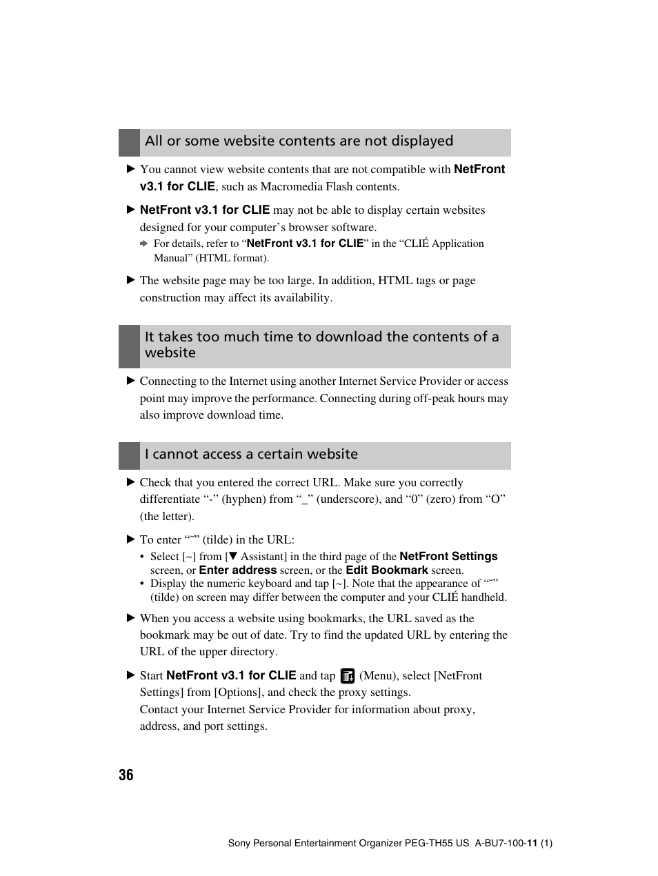 All or some website contents are not displayed, I cannot access a certain website | Sony PEG-TH55 User Manual | Page 36 / 60