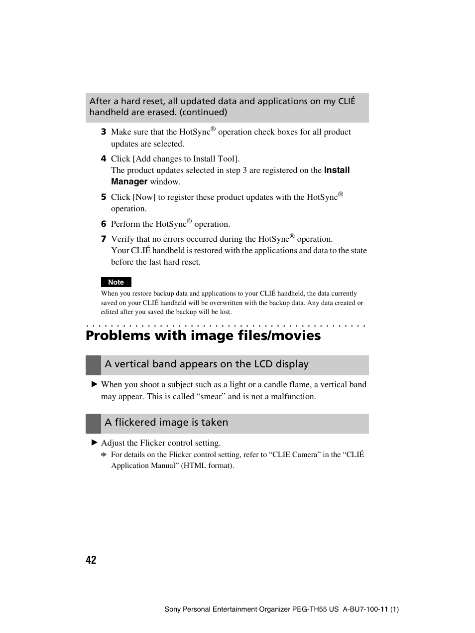 Problems with image files/movies, A vertical band appears on the lcd display, A flickered image is taken | Sony PEG-TH55 User Manual | Page 42 / 60