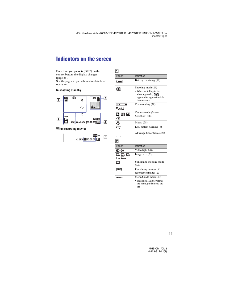 Indicators on the screen | Sony MHS-CM1 User Manual | Page 11 / 75