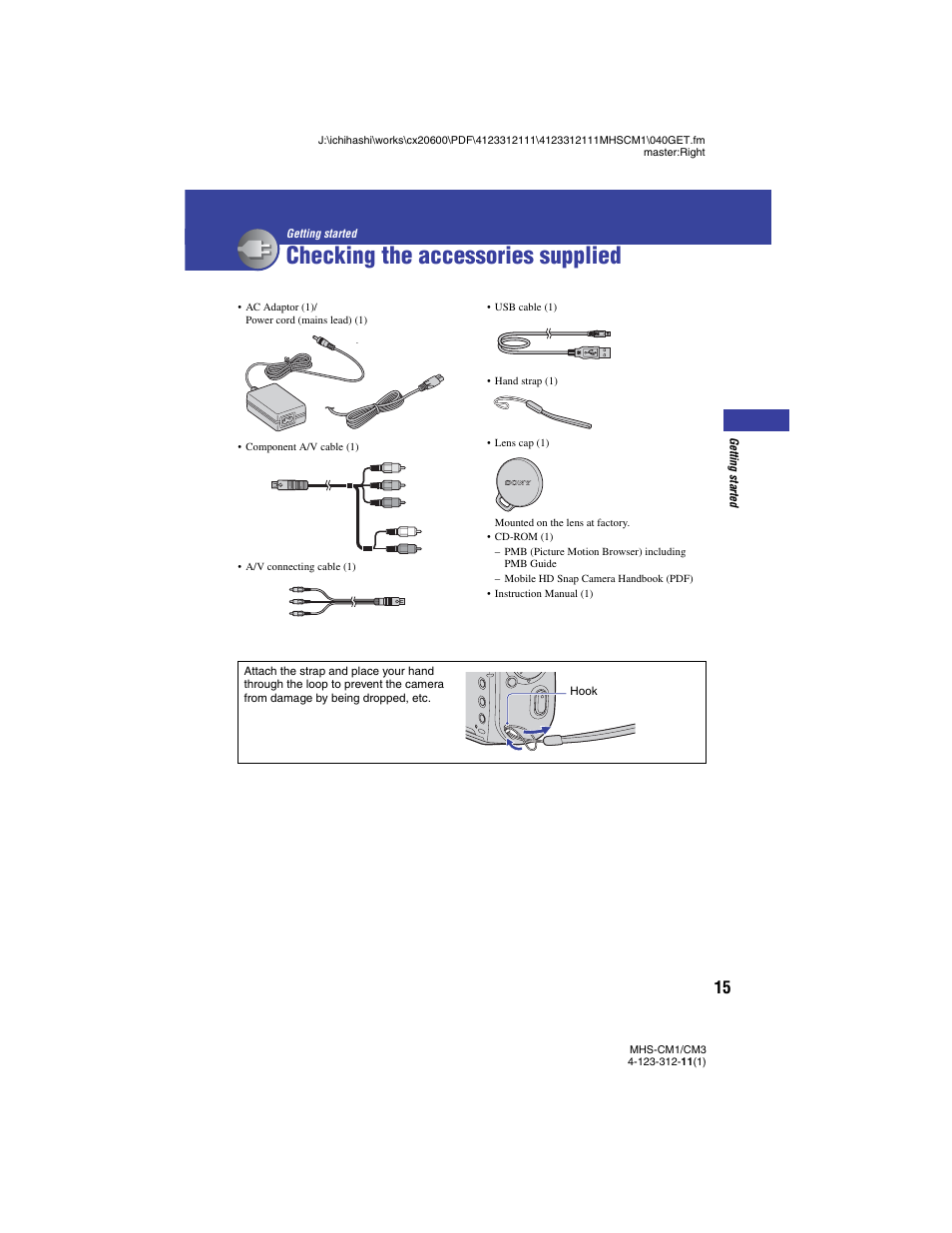 Checking the accessories supplied, Getting started, P (15) | Sony MHS-CM1 User Manual | Page 15 / 75
