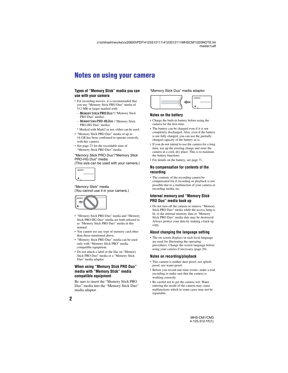 Notes on using your camera | Sony MHS-CM1 User Manual | Page 2 / 75