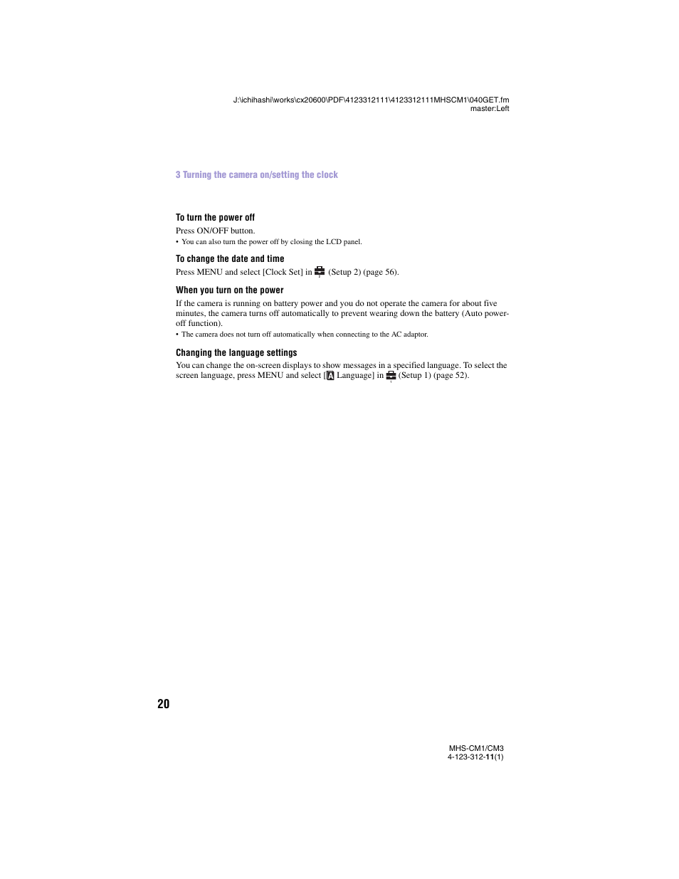 Changing the language settings | Sony MHS-CM1 User Manual | Page 20 / 75