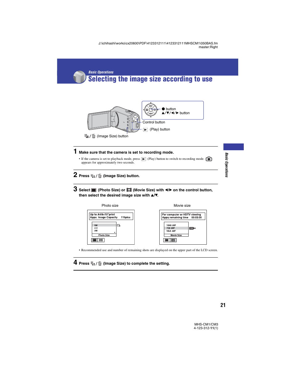 Selecting the image size according to use, Basic operations | Sony MHS-CM1 User Manual | Page 21 / 75