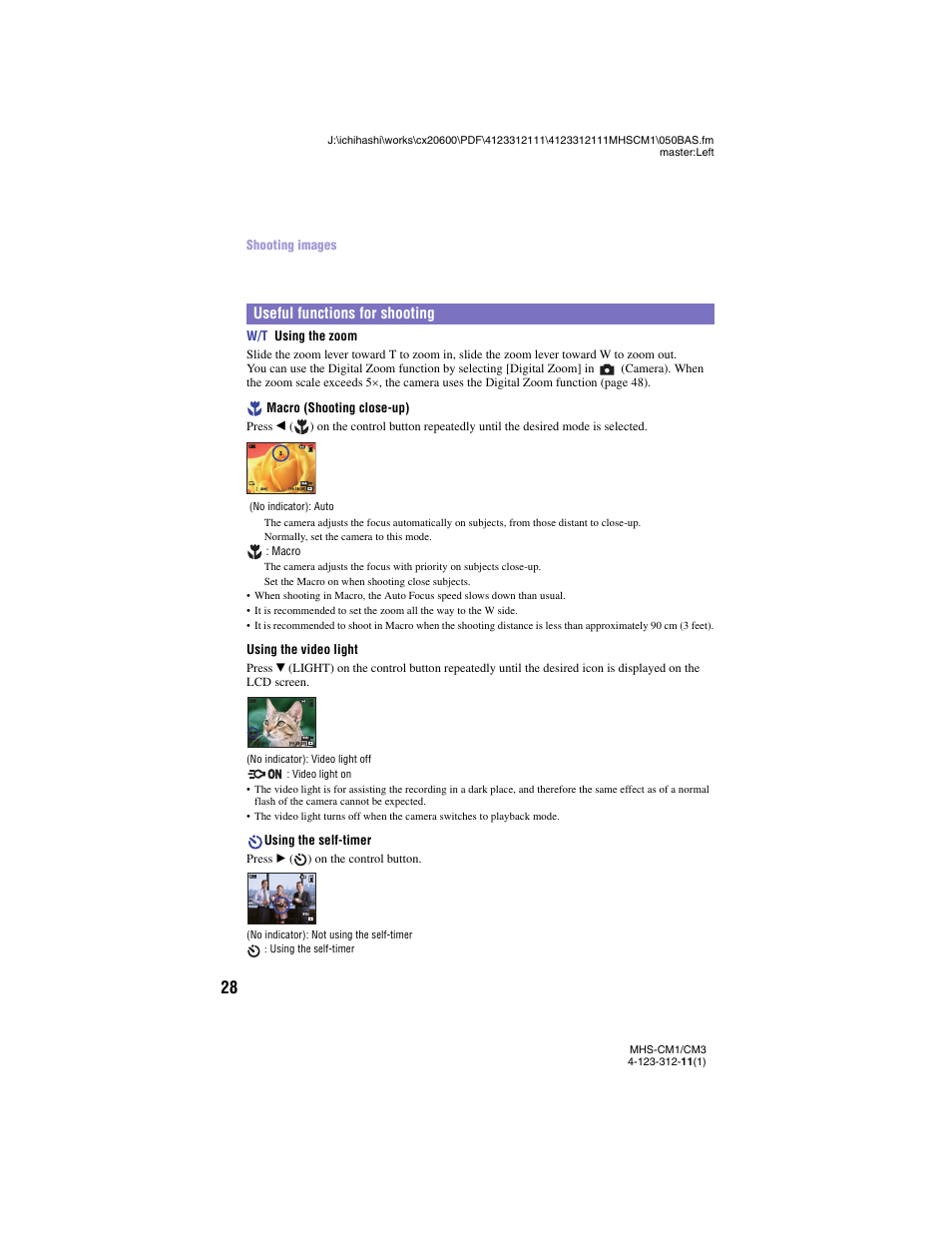 Deo light (28), G (28), O (28) | T (28), Useful functions for shooting | Sony MHS-CM1 User Manual | Page 28 / 75