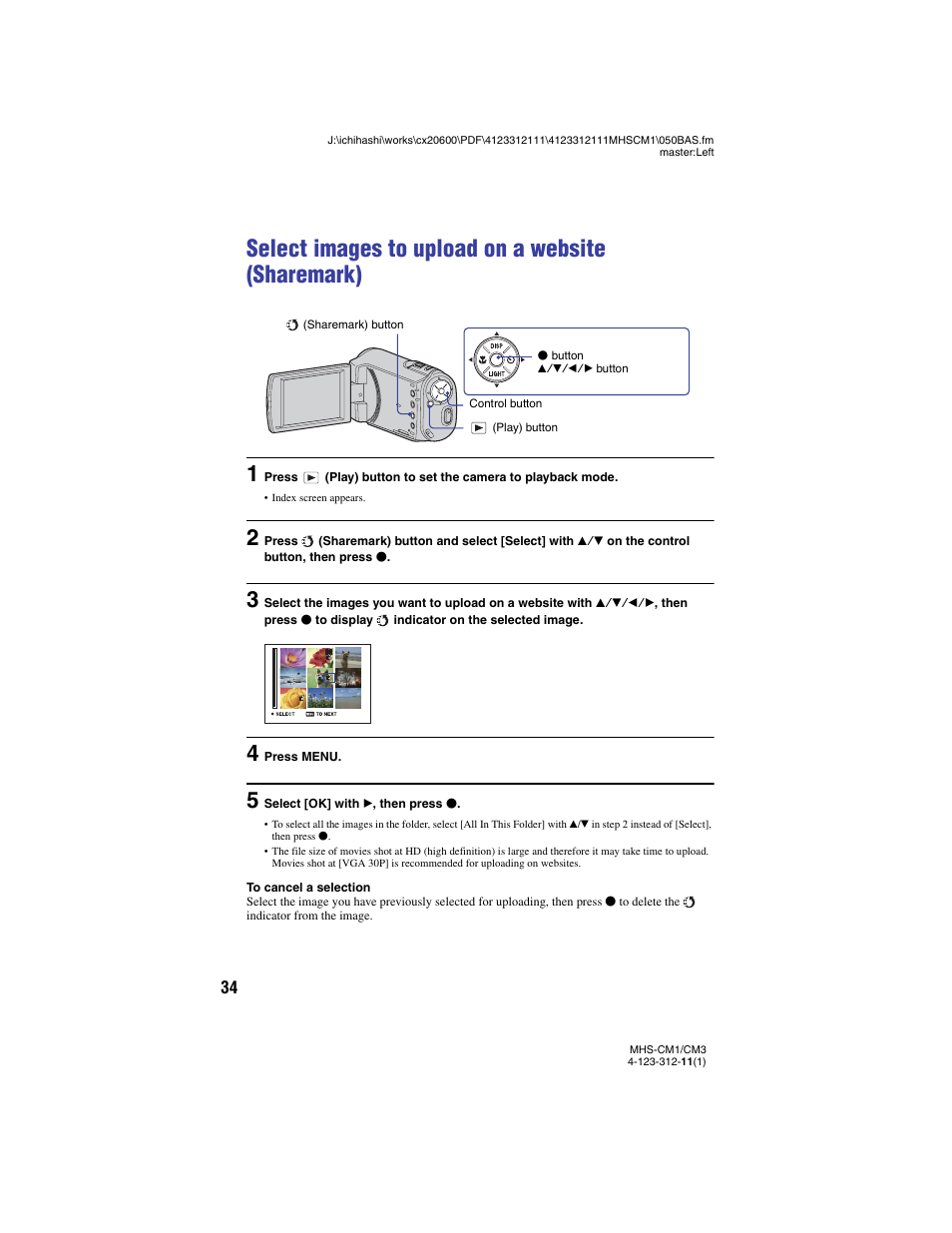 Select images to upload on a website (sharemark), Tton (34), K (34) | Sony MHS-CM1 User Manual | Page 34 / 75