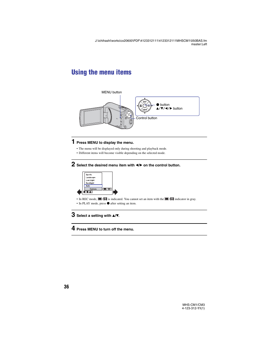 Using the menu items, N (36) | Sony MHS-CM1 User Manual | Page 36 / 75