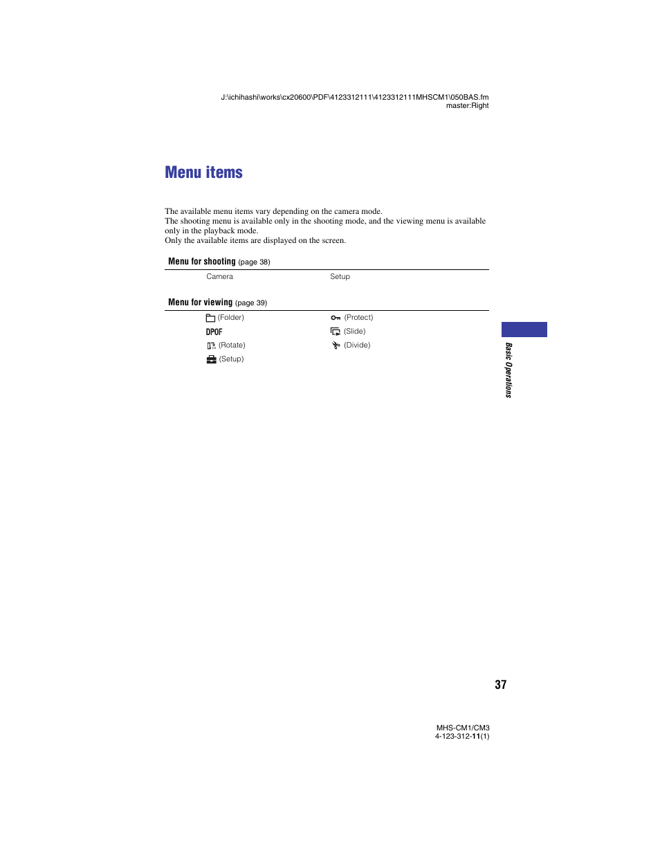 Menu items | Sony MHS-CM1 User Manual | Page 37 / 75