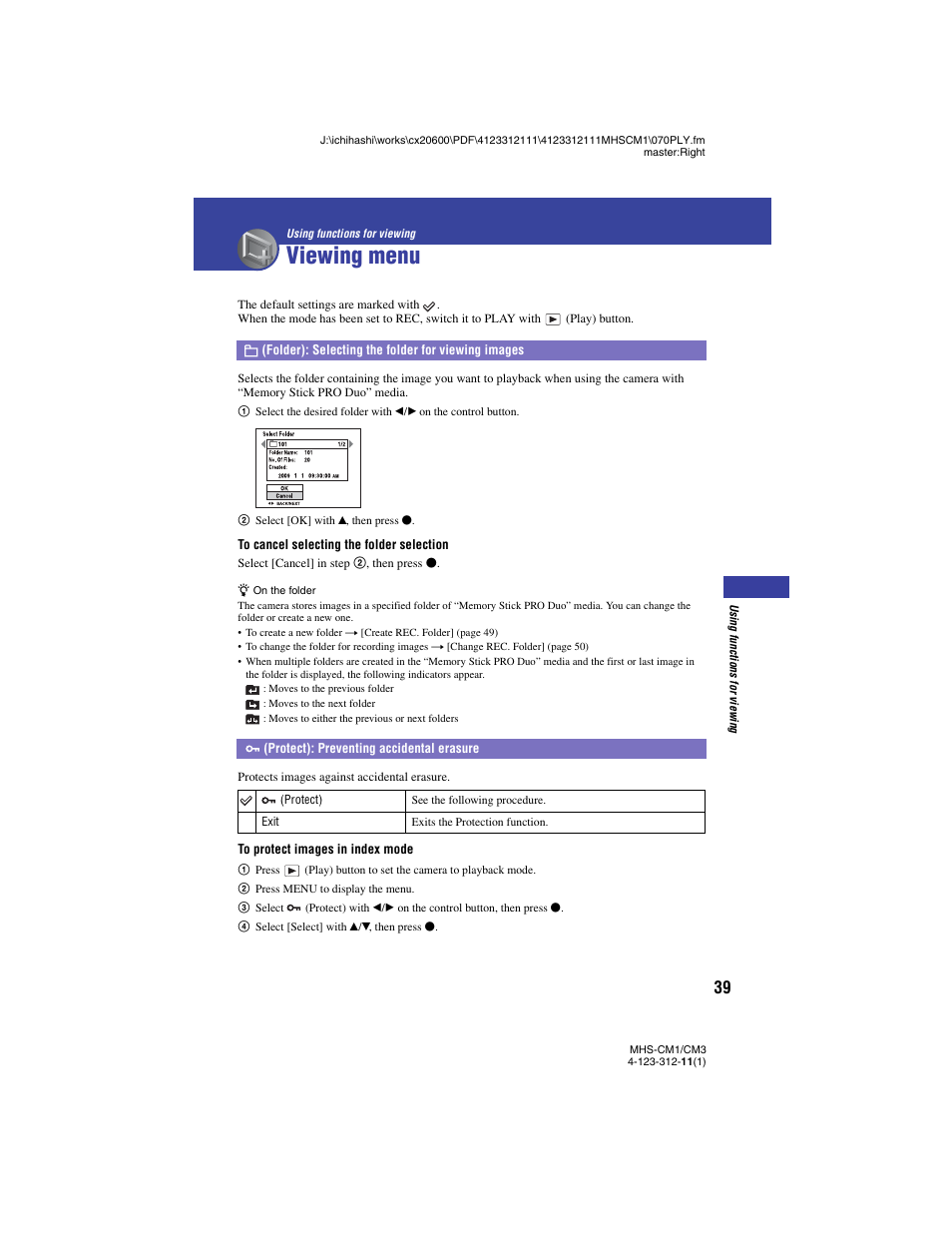 Viewing menu, Folder): selecting the folder for viewing images, Protect): preventing accidental erasure | Using functions for viewing | Sony MHS-CM1 User Manual | Page 39 / 75