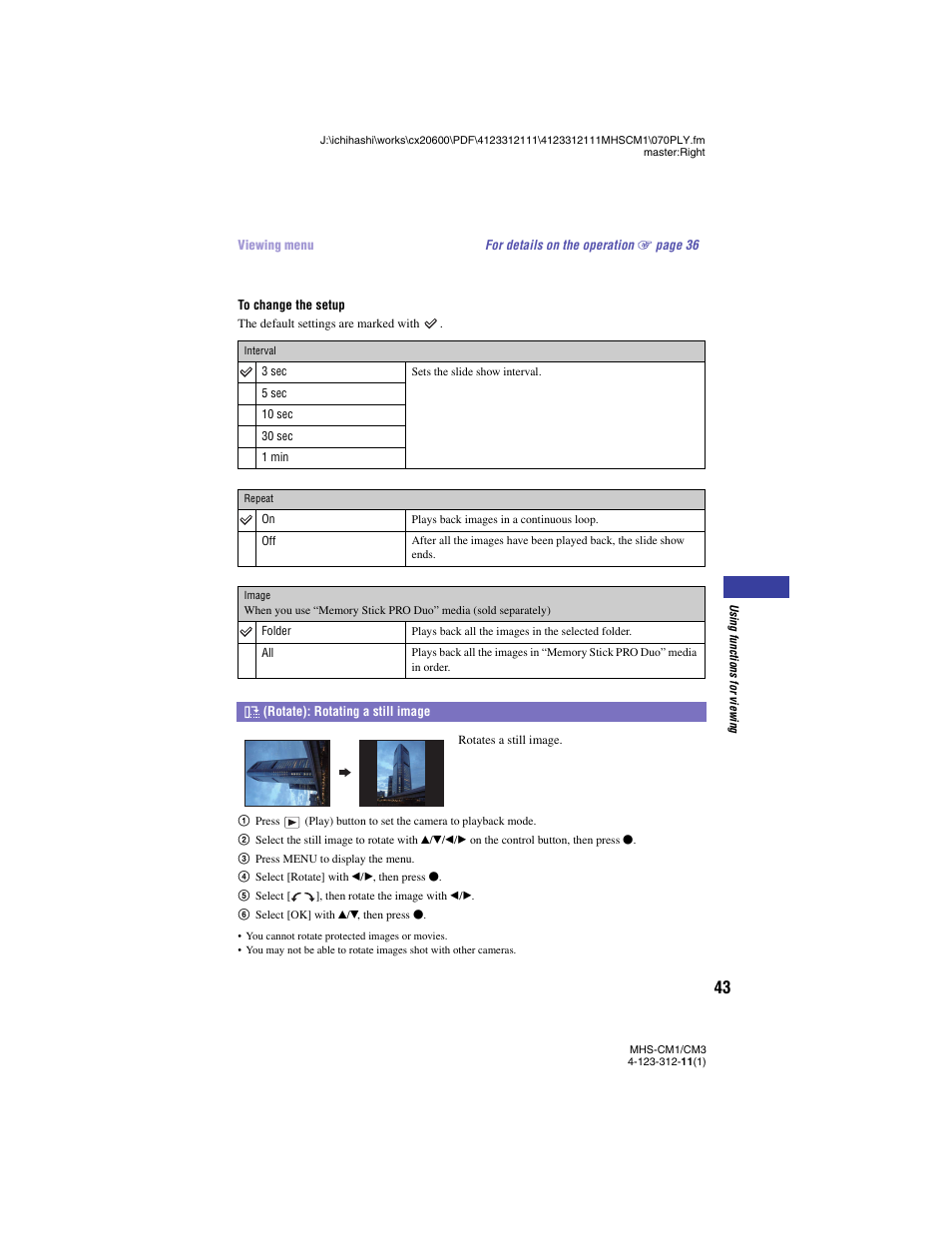 Rotate): rotating a still image | Sony MHS-CM1 User Manual | Page 43 / 75