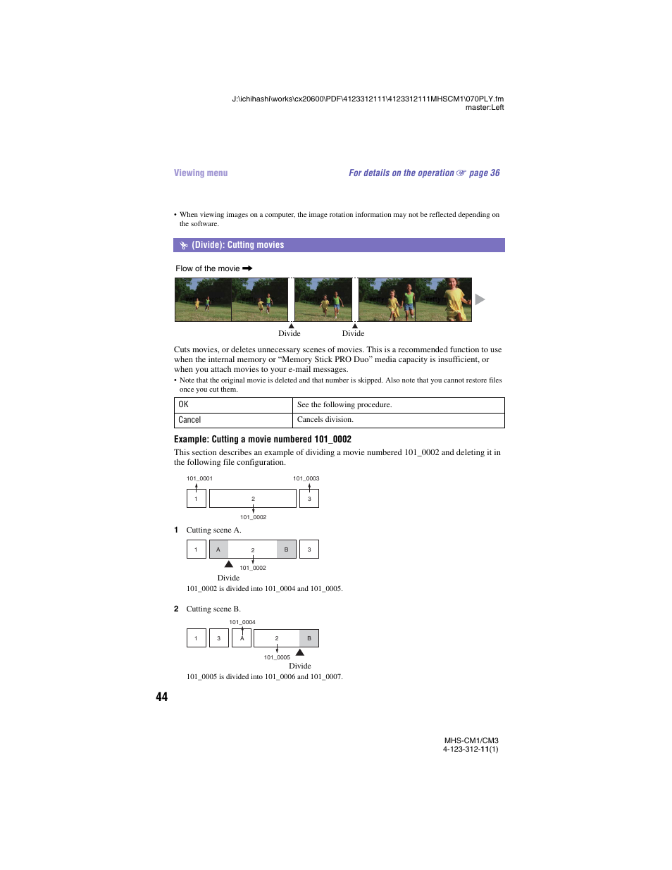 Divide): cutting movies | Sony MHS-CM1 User Manual | Page 44 / 75