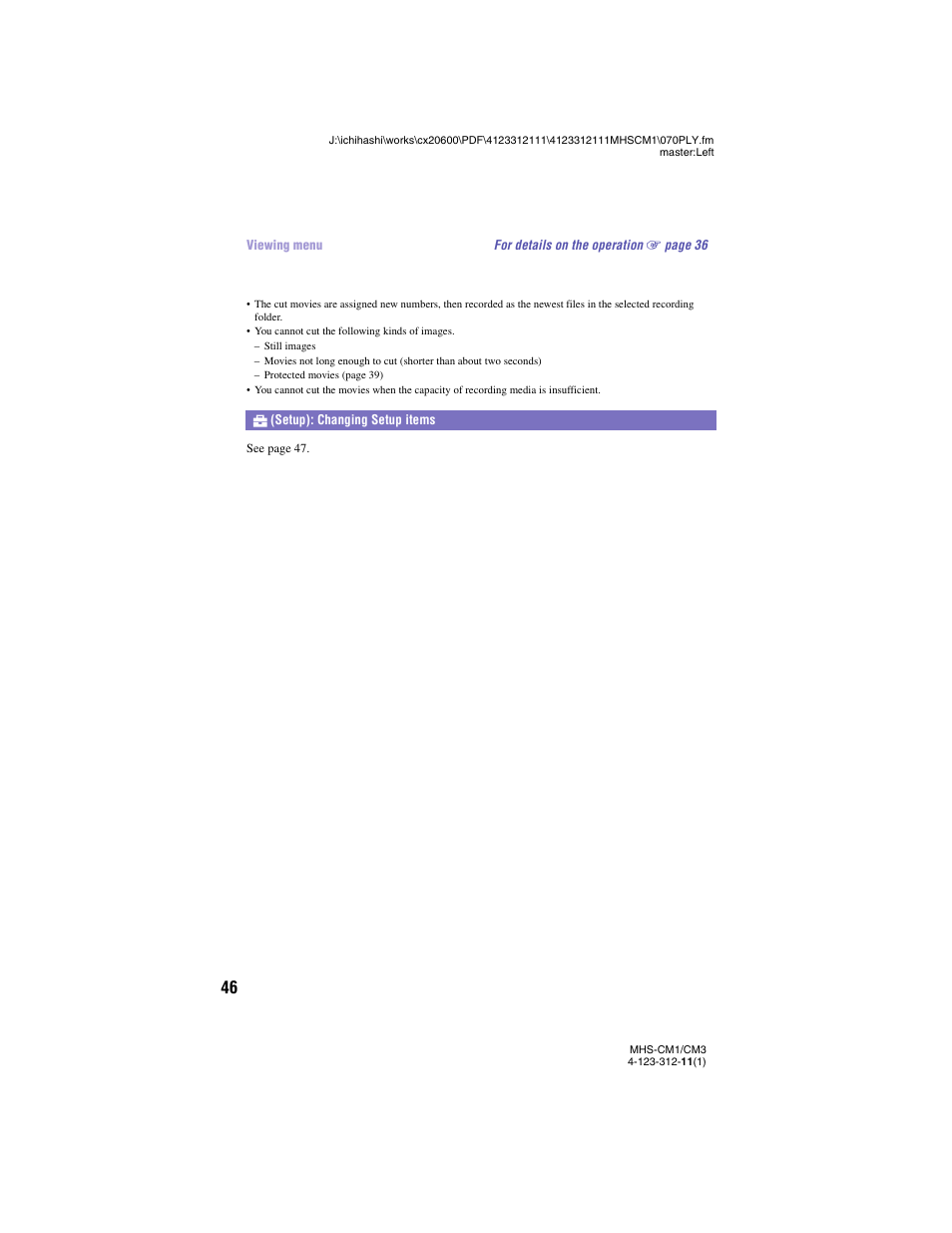Setup): changing setup items | Sony MHS-CM1 User Manual | Page 46 / 75