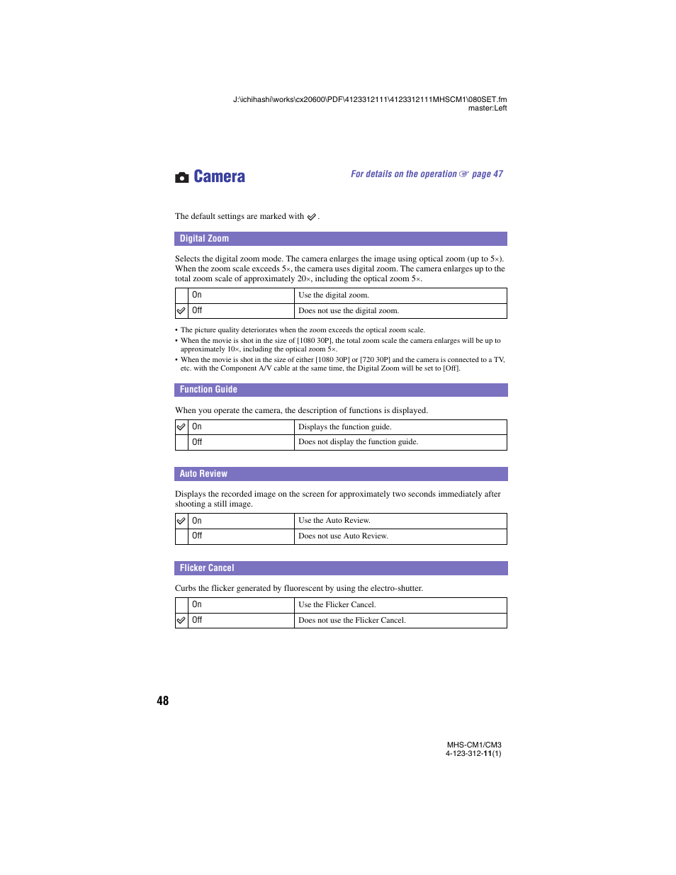 Camera, Digital zoom, Function guide | Auto review, Flicker cancel, Digital zoom function guide, Auto review flicker cancel | Sony MHS-CM1 User Manual | Page 48 / 75