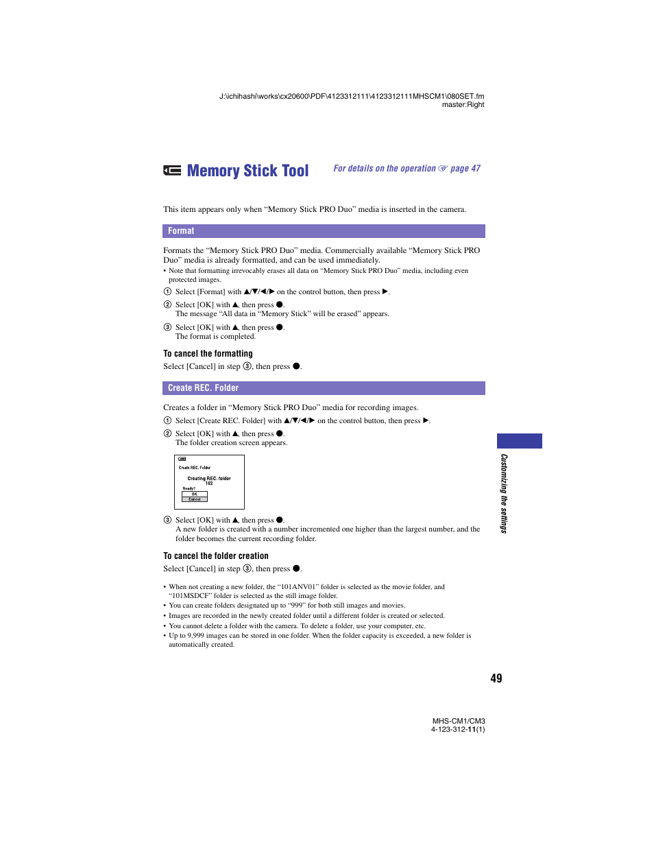 Memory stick tool, Format, Create rec. folder | Format create rec. folder, S (49) | Sony MHS-CM1 User Manual | Page 49 / 75