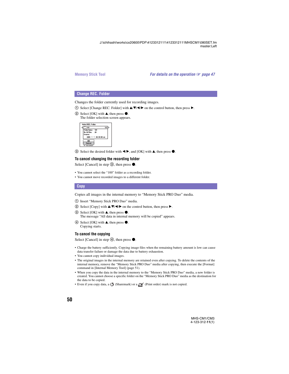 Change rec. folder, Copy, Change rec. folder copy | Sony MHS-CM1 User Manual | Page 50 / 75