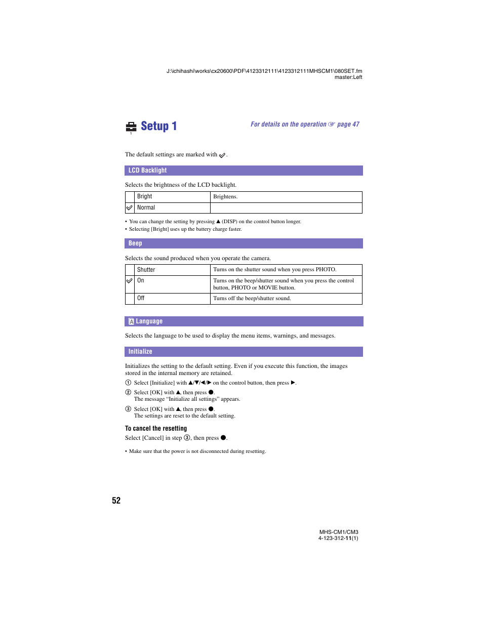 Setup 1, Lcd backlight, Beep | Language, Initialize, Lcd backlight beep | Sony MHS-CM1 User Manual | Page 52 / 75