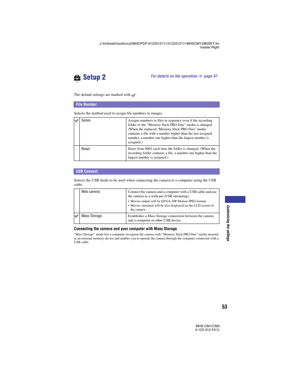 Setup 2, File number, Usb connect | File number usb connect | Sony MHS-CM1 User Manual | Page 53 / 75