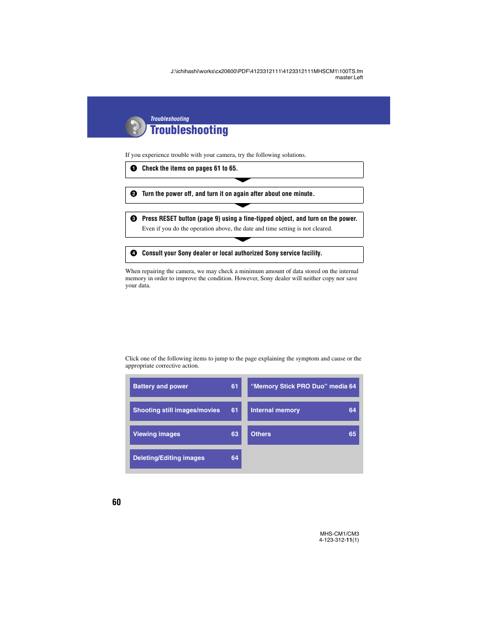 Troubleshooting | Sony MHS-CM1 User Manual | Page 60 / 75