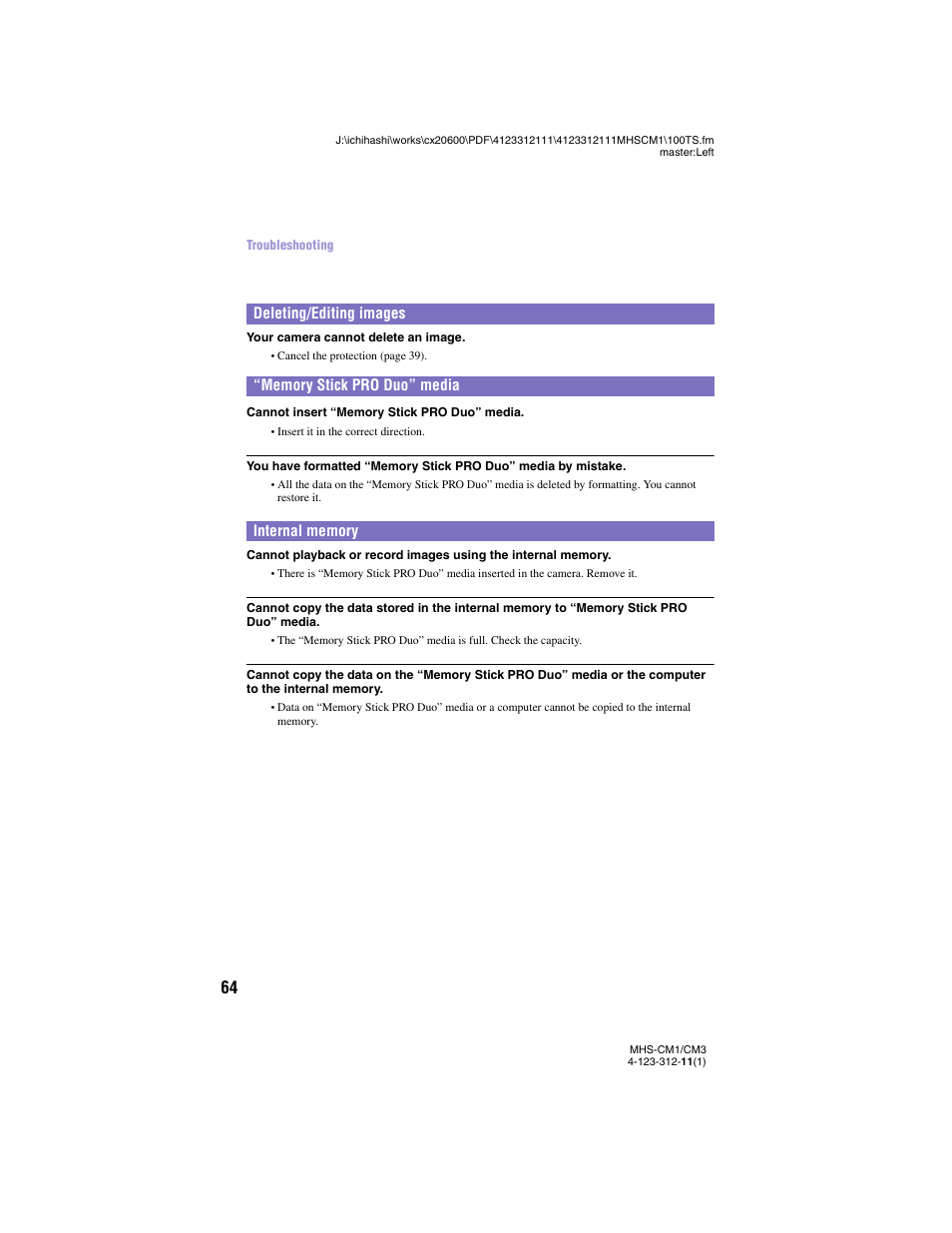 Deleting/editing images, Memory stick pro duo” media 64, Internal memory | Sony MHS-CM1 User Manual | Page 64 / 75