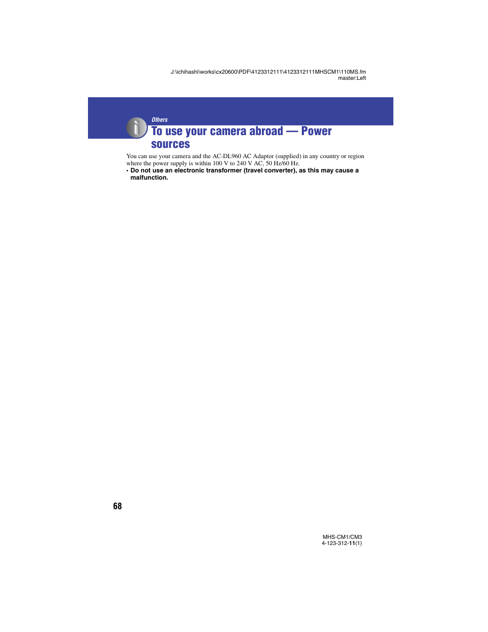 To use your camera abroad - power sources, Others, To use your camera abroad — power sources | Sony MHS-CM1 User Manual | Page 68 / 75