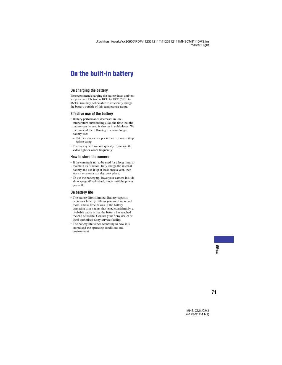 On the built-in battery | Sony MHS-CM1 User Manual | Page 71 / 75