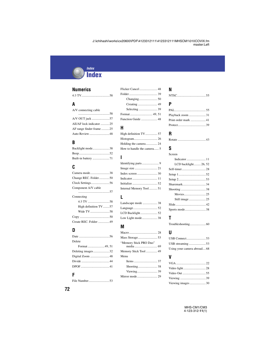 Index, Numerics | Sony MHS-CM1 User Manual | Page 72 / 75