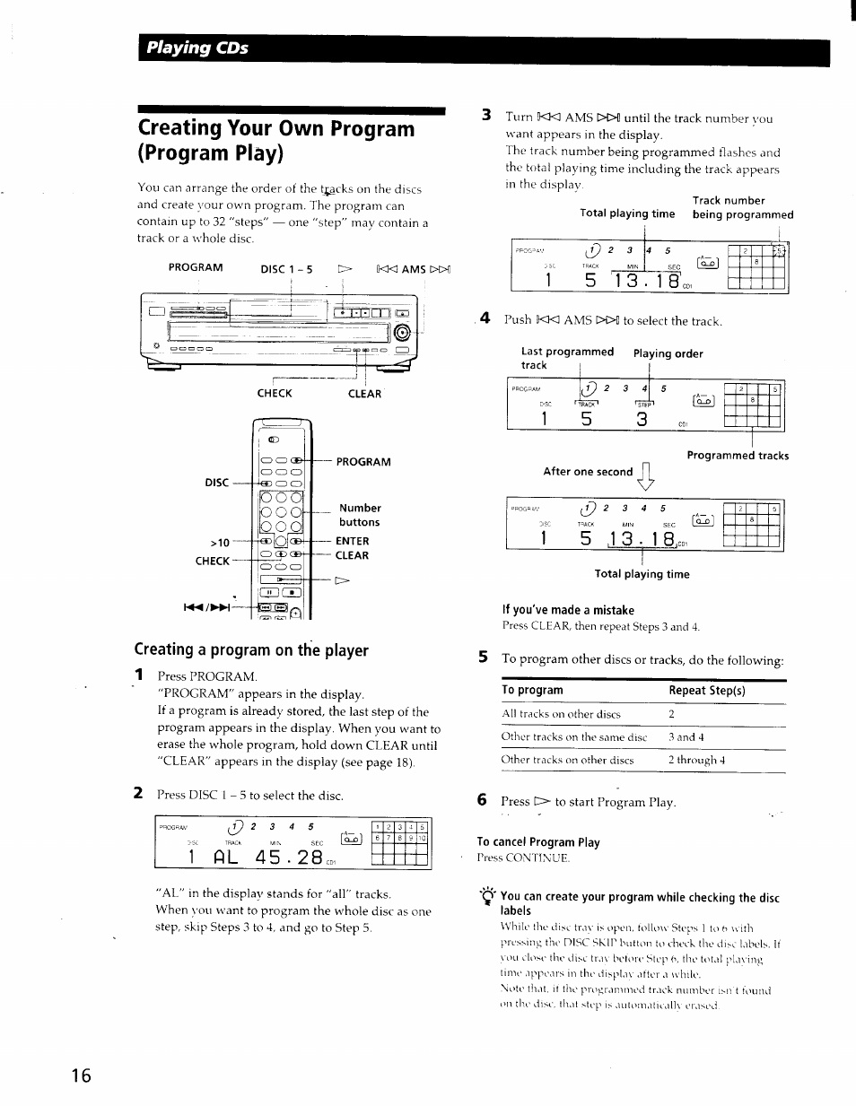 Creating your own program (program play), Program, Disc | Number, Enter, Clear, Creating a program on the player, If you've made a mistake, To cancel program play, Playing cds | Sony CDP-CE525 User Manual | Page 16 / 30