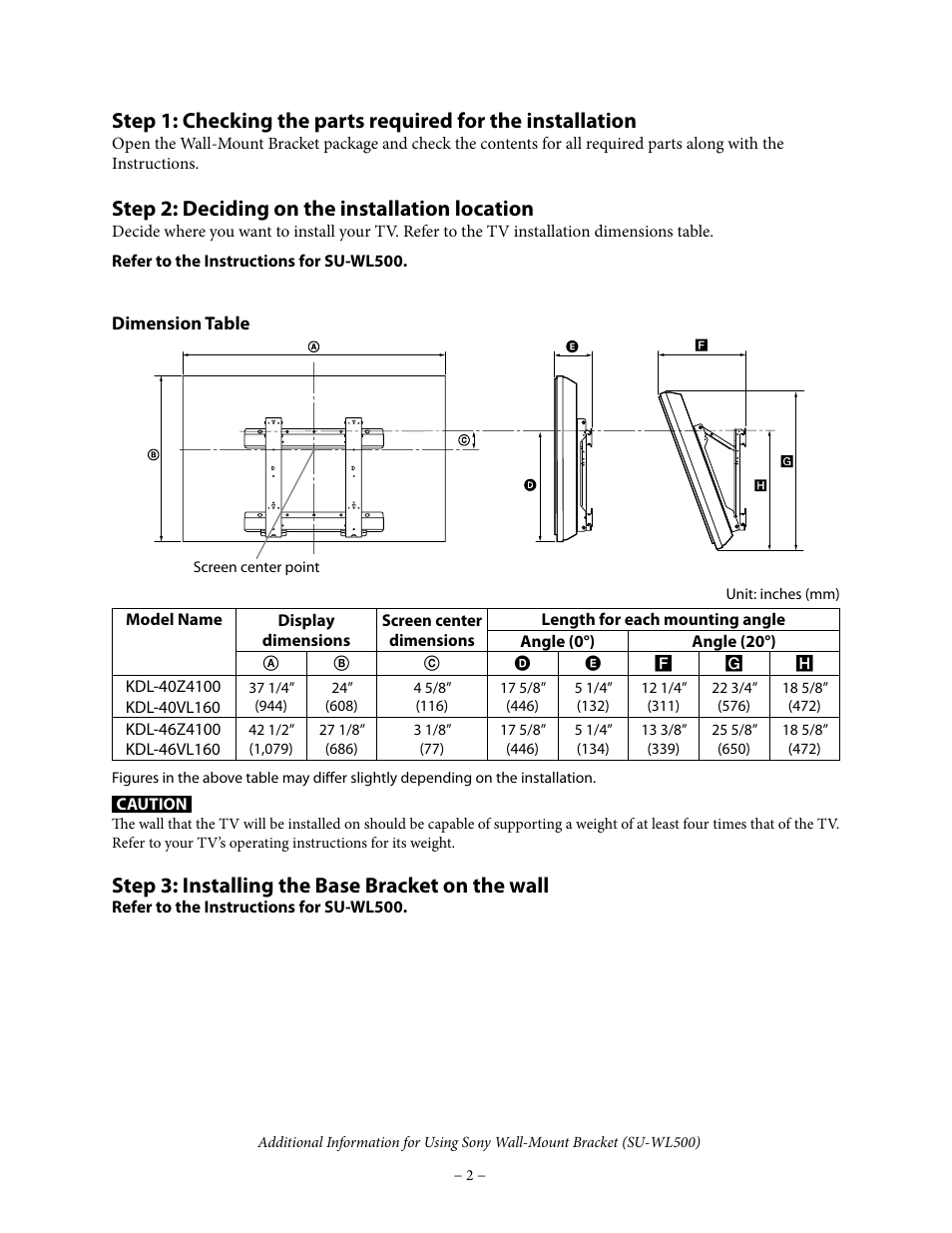 Step 2: deciding on the installation location, Step 3: installing the base bracket on the wall | Sony KDL-46VL160 User Manual | Page 2 / 4