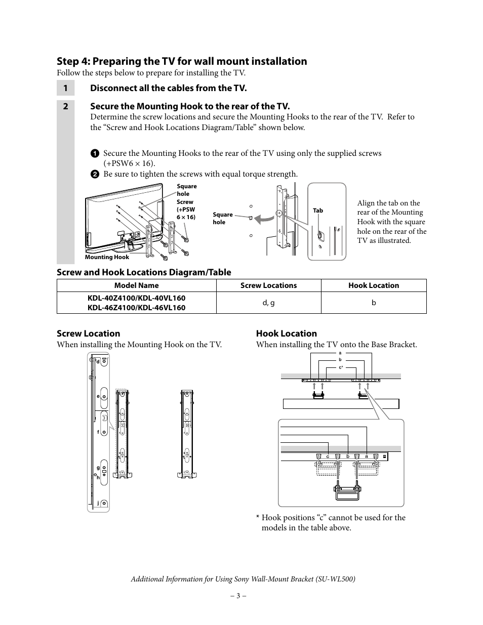 Screw and hook locations diagram/table, Screw location, Hook location | When installing the mounting hook on the tv | Sony KDL-46VL160 User Manual | Page 3 / 4