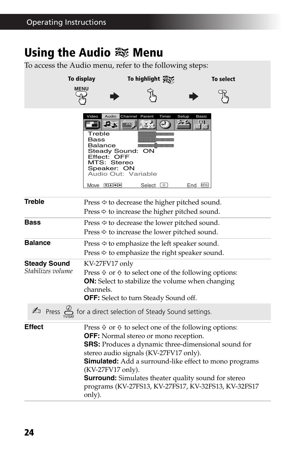Using the audio menu, Using the audio | Sony KV-27FV17 User Manual | Page 36 / 64