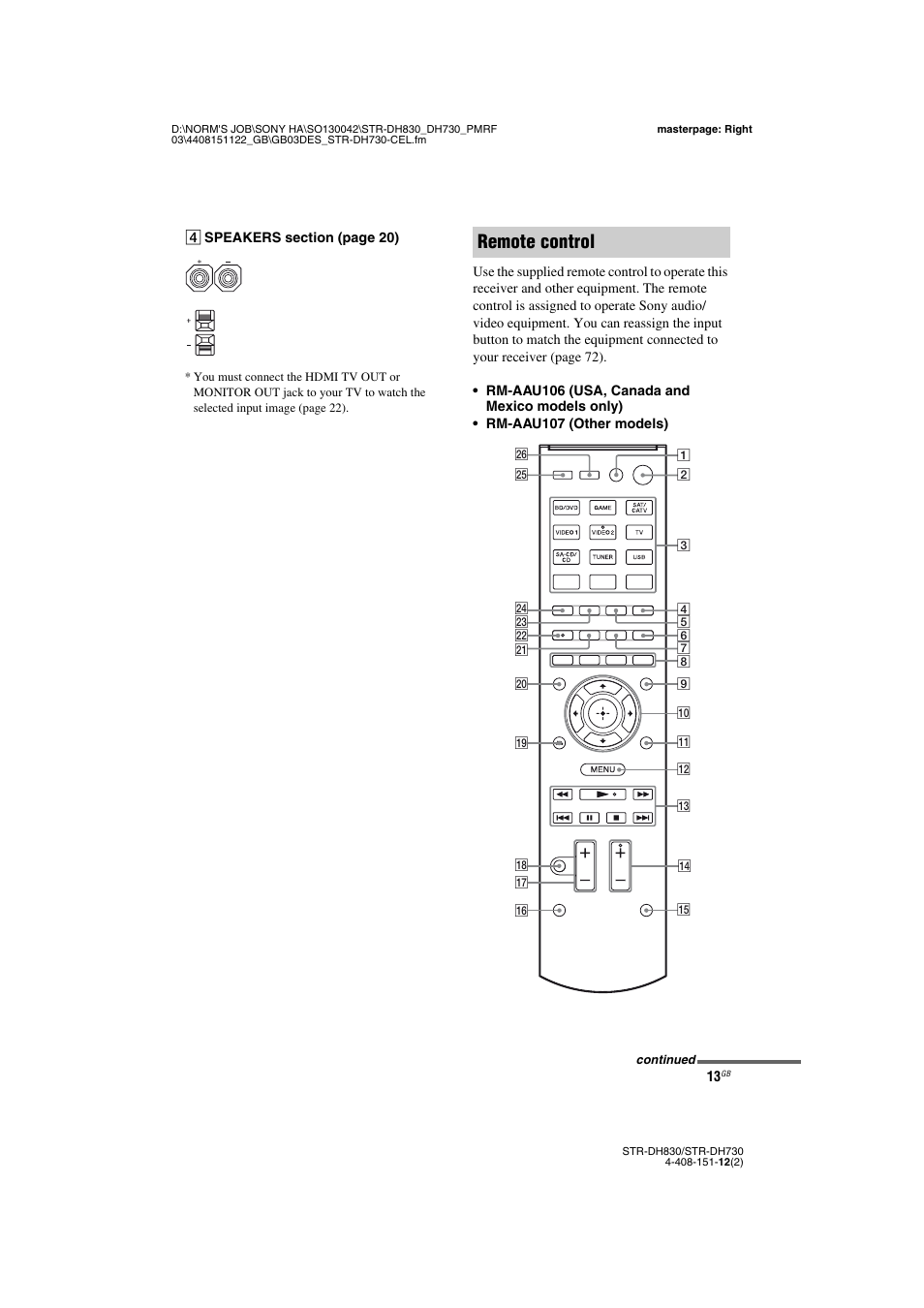 Remote control | Sony STRDH830 User Manual | Page 13 / 88