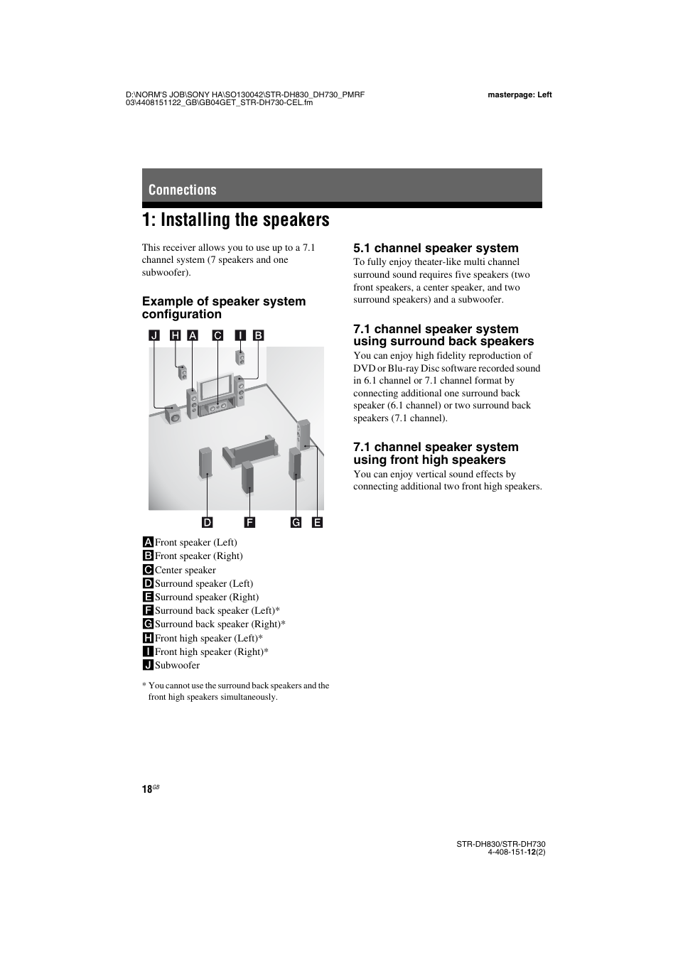 Connections, Installing the speakers, E 18, 20) | Sony STRDH830 User Manual | Page 18 / 88