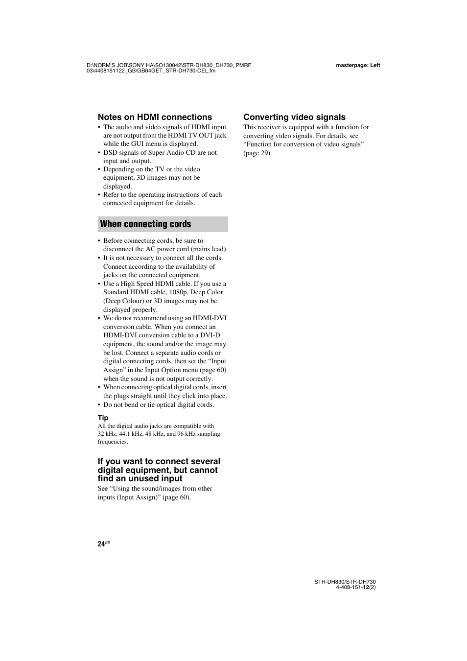When connecting cords | Sony STRDH830 User Manual | Page 24 / 88