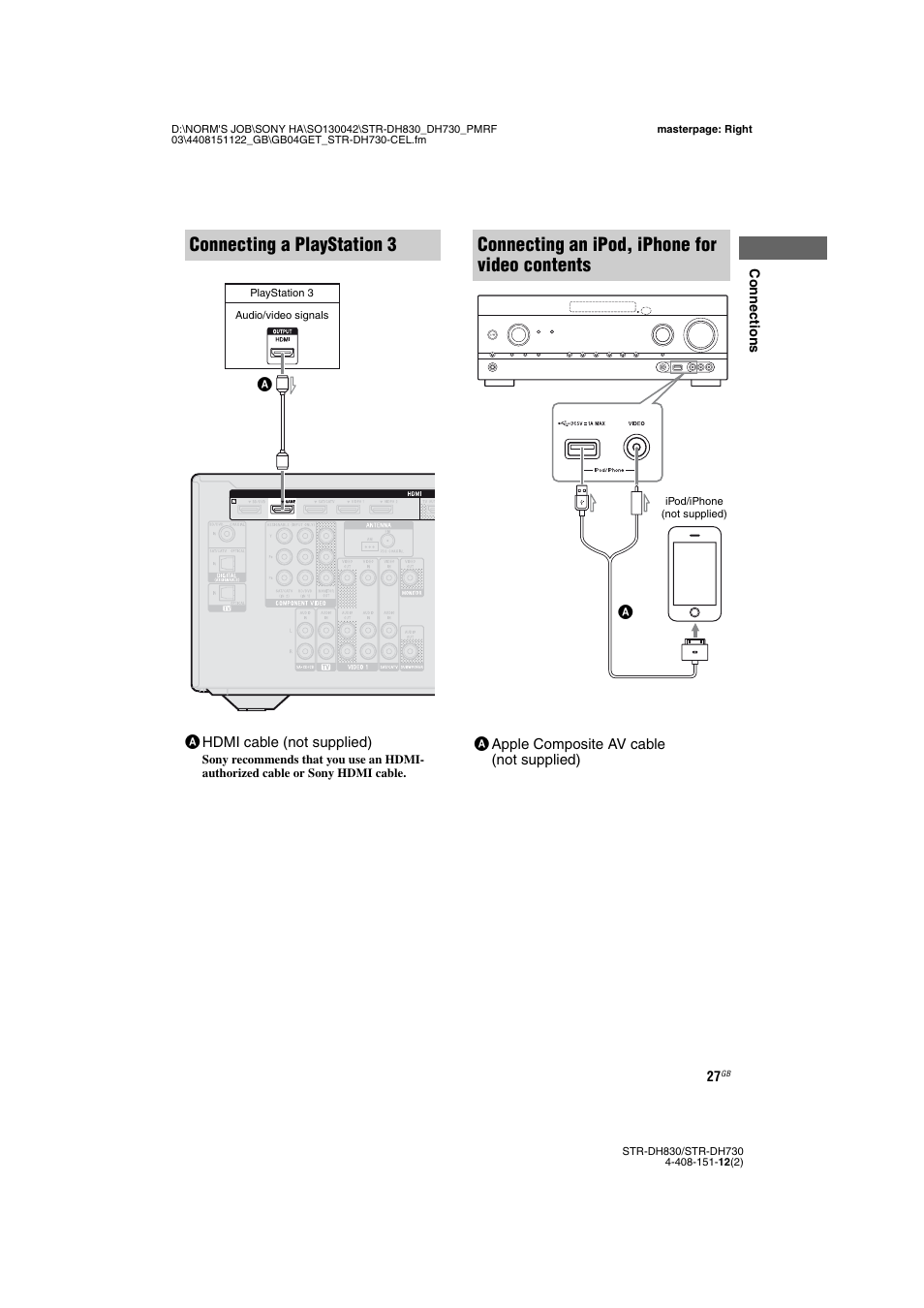 Connecting a playstation 3, Connecting an ipod, iphone for video contents | Sony STRDH830 User Manual | Page 27 / 88