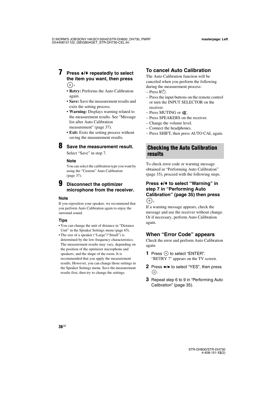 Checking the auto calibration results | Sony STRDH830 User Manual | Page 36 / 88
