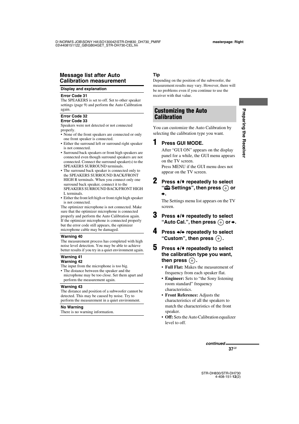 Customizing the auto calibration | Sony STRDH830 User Manual | Page 37 / 88