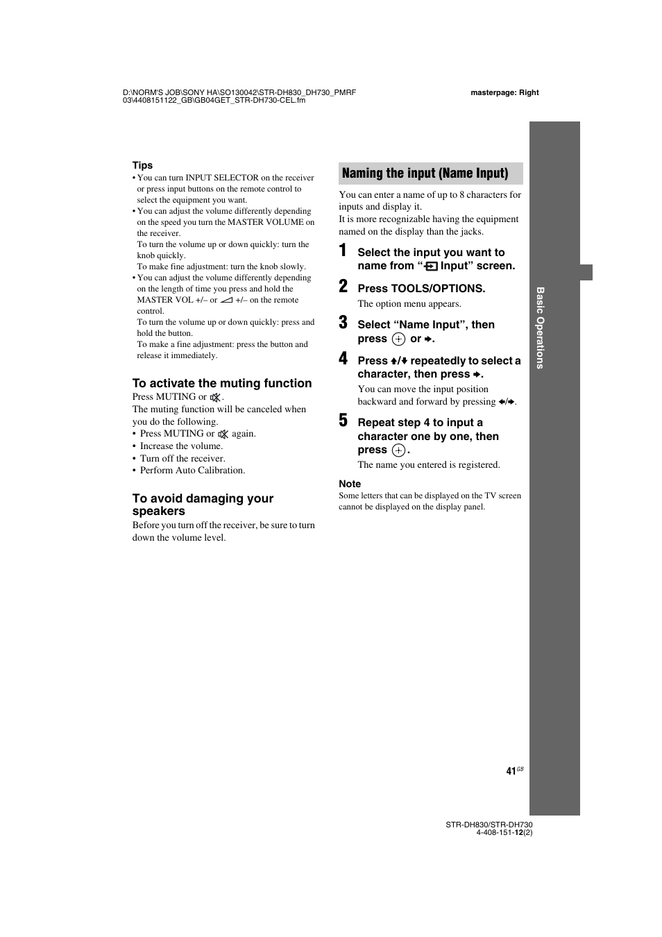 E 41, 47, 59, Naming the input (name input) | Sony STRDH830 User Manual | Page 41 / 88