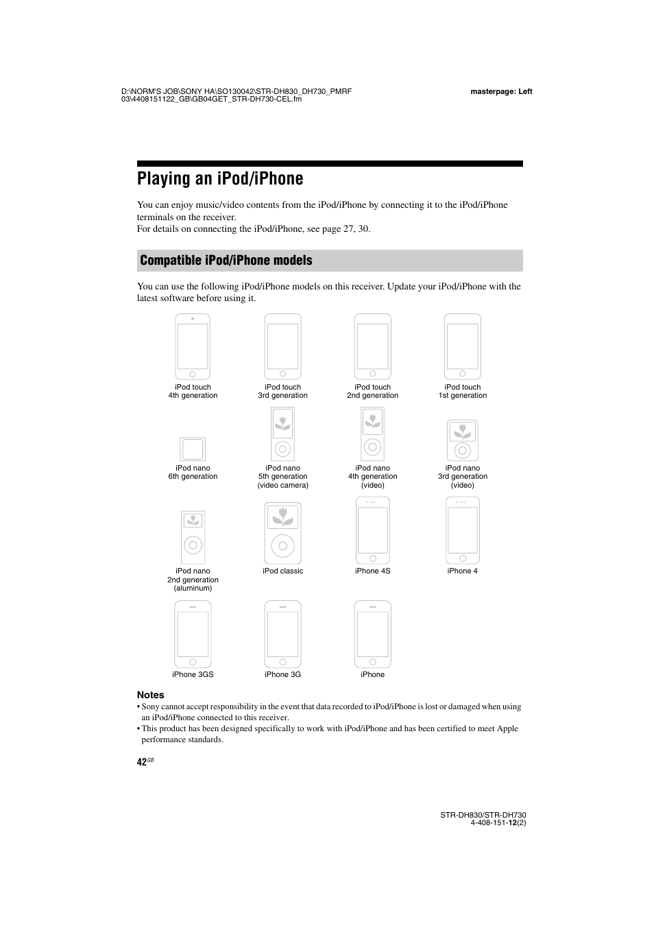 Playing an ipod/iphone, Compatible ipod/iphone models | Sony STRDH830 User Manual | Page 42 / 88