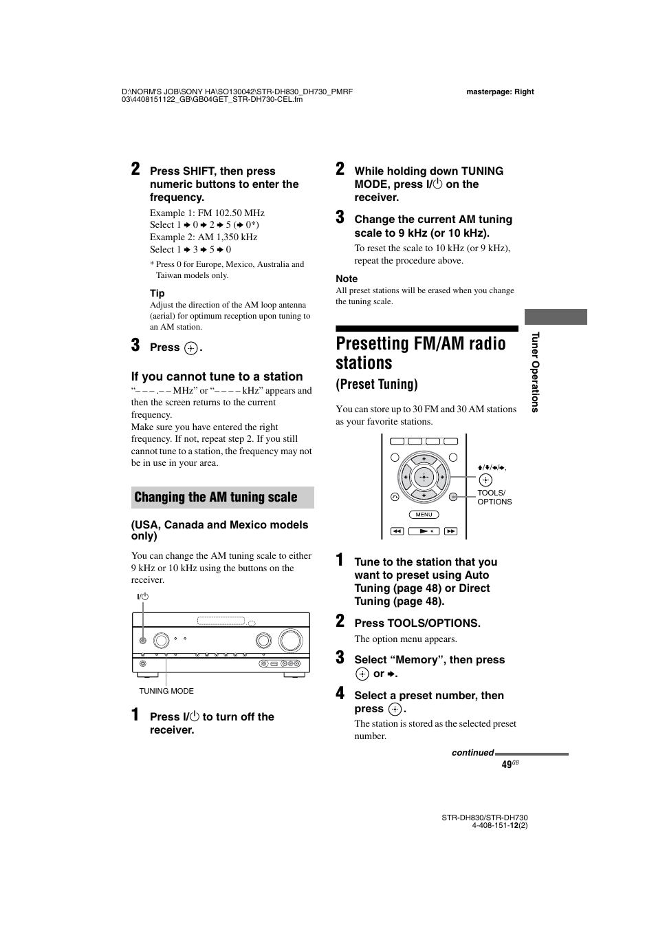 Presetting fm/am radio stations (preset tuning), Presetting fm/am radio stations, Preset tuning) | Sony STRDH830 User Manual | Page 49 / 88